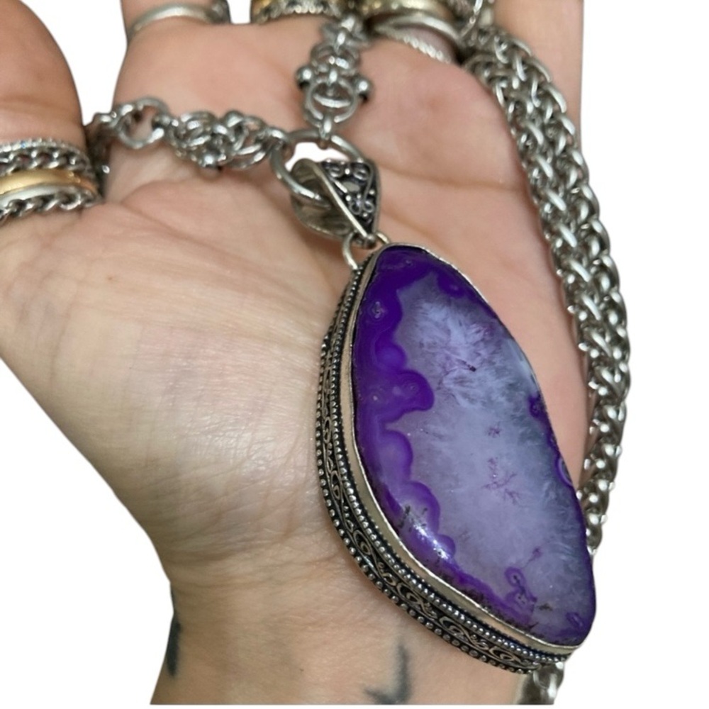 925 sterling silver overlay purple agate gemstone charm maille boho necklace - Picture 2 of 10